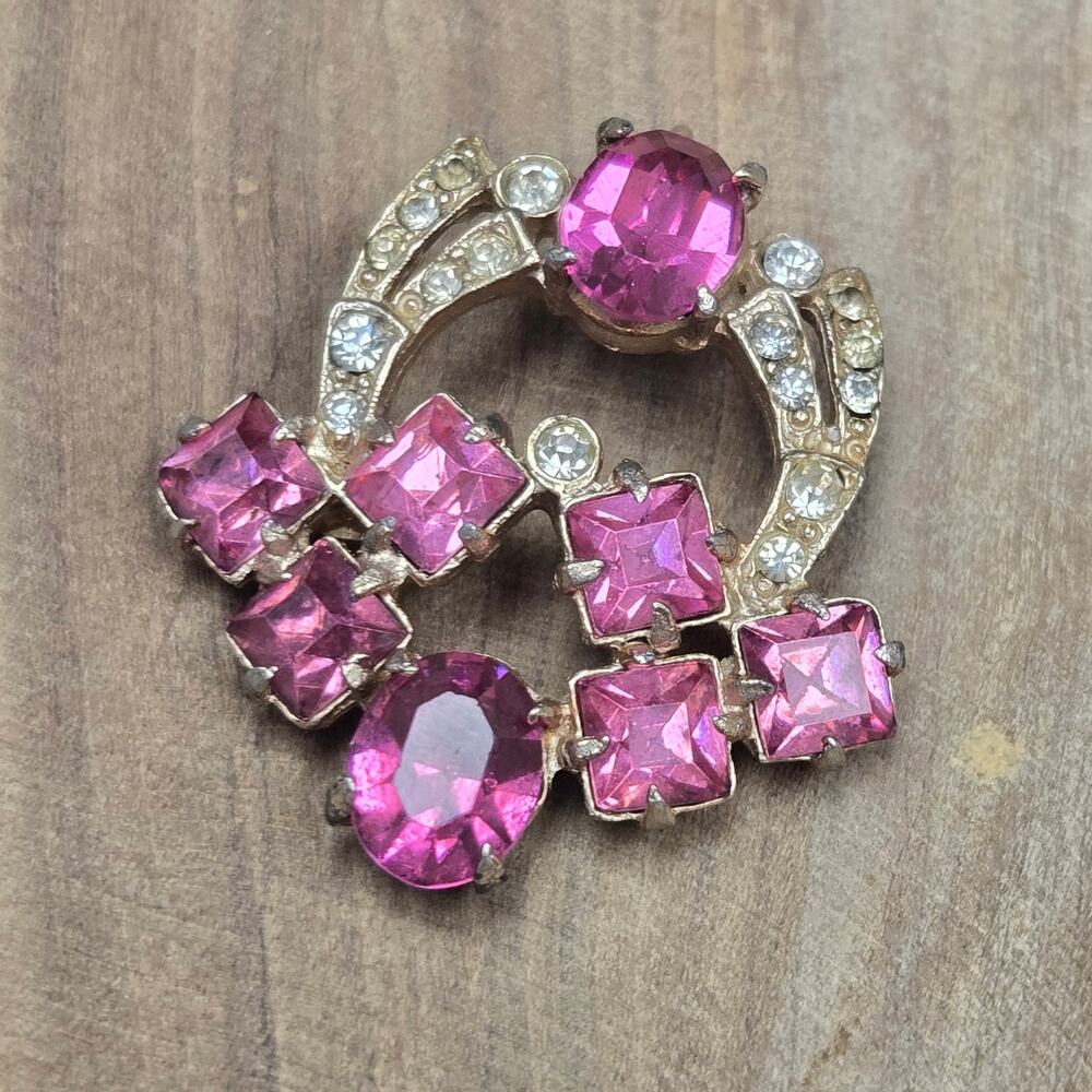 Vtg Joseph Wiesner NY Pink Clear Rhinestone Pendant Gold Tone Signed Glam